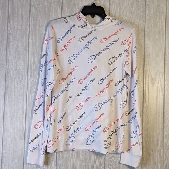Champion White Long Sleeve T-shirt Hoodie All Over Logo Kangaroo Pouch SZ XL/SM - Picture 1 of 5
